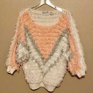 CRISTINA'S White Gray & Pink Pastel Shaggy Fluffy Sweater Hand Crochet Size (L)